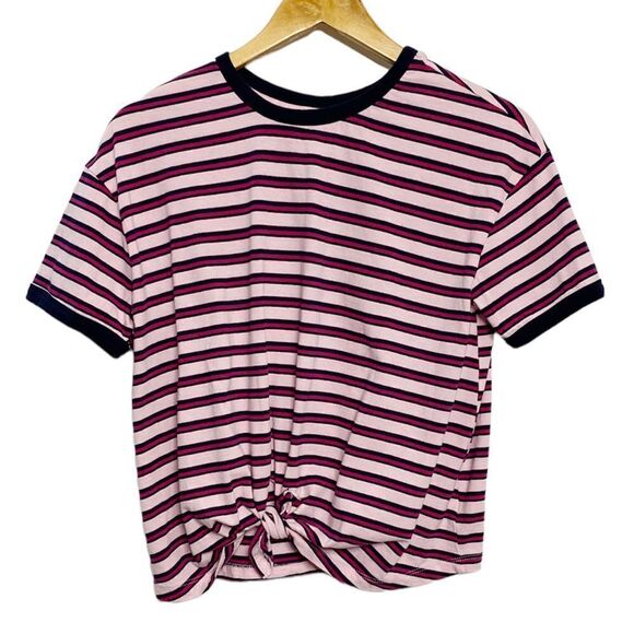 No Boundaries Striped Front Tie Short Sleeve Shirt Pink Blue Large - Picture 1 of 4